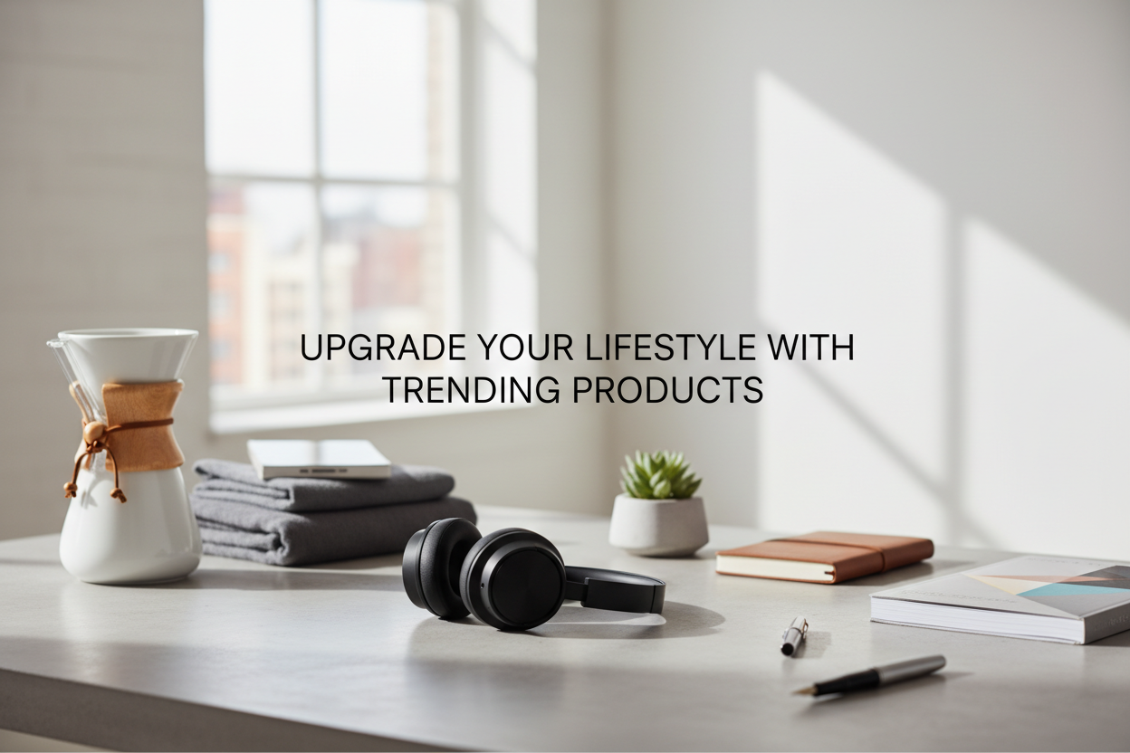 modern ecommerce website hero banner, lifestyle products, clean minimal design, soft lightning professional wide banner, high quality, text centered saying upgrade your lifestyle with trending products, do not add a shop now button, 1920 x 850 px